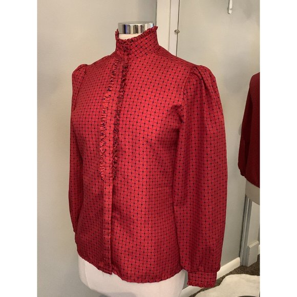 Vintage :: Red Polka Dot Secretary Blouse Size M Puffy Sleeve High Neck Ruffles - Picture 9 of 11
